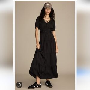 Lucky Brand Crinkle Black  Maxi Dress with Puff Sleeves. Size S